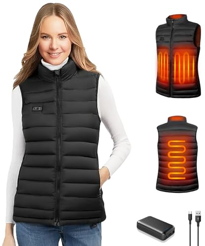 seenlast Veste Chauffante Femme, Gilet Chauffant Femme avec Batterie 10000mAh 5V Incluse, Doudoune Chauffante avec Chauffage 4 Zones et 3 Niveaux pour Ski Moto Chasse Camping, Lavable en Machine