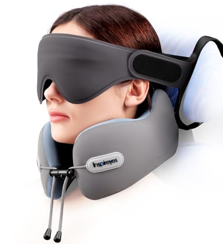 Inspireyes, cuscino per il collo da viaggio con cinturino per sedile, maschera da sonno 3D, supporto doppio per collo e testa, cuscino aereo in schiuma altamente supportivo per volo lungo, essenziale