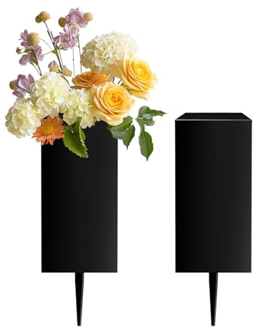 Vasi per Cimitero, 2 Pezzi Vaso per Tomba con 10 cm Picchetto da Terra 8 x 8 x 20 cm Vaso Commemorativo in Metallo con 4 Fori di Drenaggio per Giardini Balconi Prati Tombe Funerali