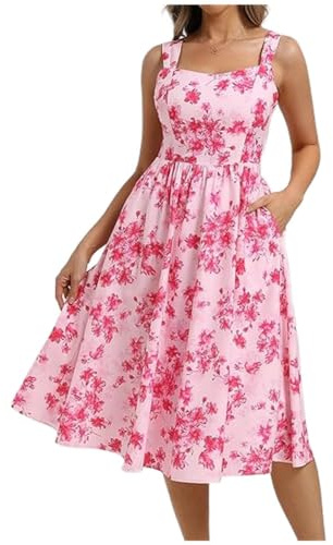 Belle Poque Abito estivo da donna, con stampa floreale, scollo quadrato, senza maniche, linea ad A, con tasche