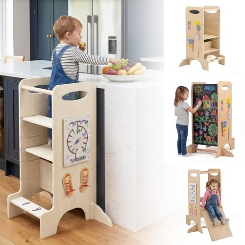 HONEY JOY Toddler Tower, Wooden Kitchen Stool Helper with 3 Adjustable Heights, Anti-Slip Feet, Chalkboard, Kids Learning Standing Tower with Montessori Activity Games, Natural
