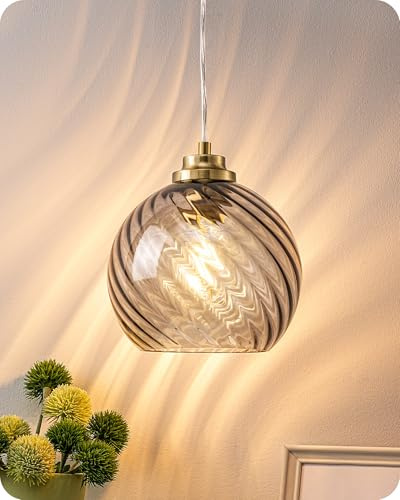 EDISHINE Lampada a Sospensione per Sala da Pranzo, Paralume in Vetro Ondulato Soffiato a Mano, Altezza Regolabile 1,5 m, E27 Inclusi LED 2700K, per Isola Cucina, Sala da Pranzo, Corridoio