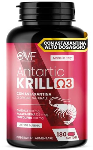 OVF Olio di Krill Antartico 180 Capsule Molli Softgel con Omega 3 Astaxantina e Fosfolipidi EPA DHA Naturali Omega 3 Krill Oil Origine Marina Senza Glutine, Soia e Lattosio Senza Retrogusto