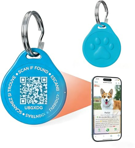 PHYNDR Médaille pour animaux de compagnie avec code QR, médaille anti-perte, médaille pour chats et chiens, informations personnalisées (bleu).