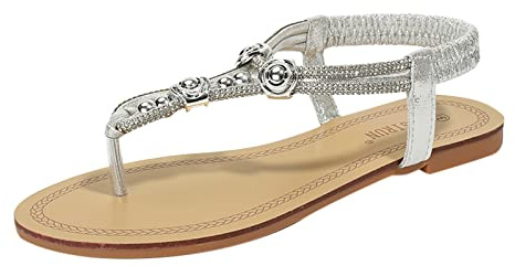 Générique Sandale Plate Femme Sandales Blanches Confortable Femmes Plat Perle Sandales Été Chaussures Confort Bout Ouvert Élastique Bride À La Cheville Sans Chaussures de Plage Femme (Silver,38)