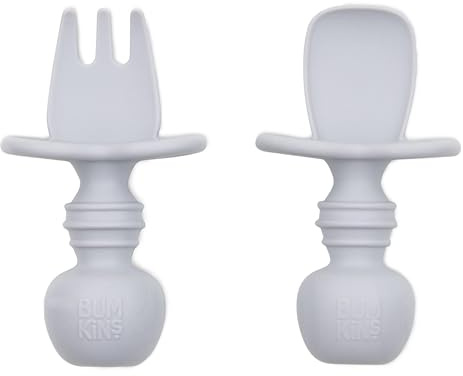 Bumkins Baby Utensils Set, Chewtensils Silicone Spoons for Dipping, Self-Feeding, Baby Led Weaning, Trainer Learning, First Stage Eating, Soft Practice Fork and Spoon, Babies 6 Months, Gray