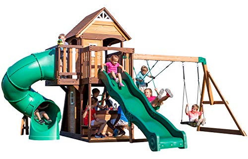 Backyard Discovery Cedar Cove Spielturm aus Holz | XXL Spielhaus für Kinder mit Rutsche, Schaukel, Kletterwand & Aussichtsplattform | Stelzenhaus für den Garten