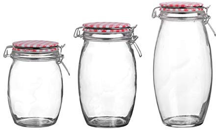 Clip Top Glass Jars Preservation Red Checked Lid Airtight Silicone Seal Round Storage Preserving Jar Barrel Dry Food Biscuit Jam Pickle Jar Canister Kitchen Storage (1.3L)