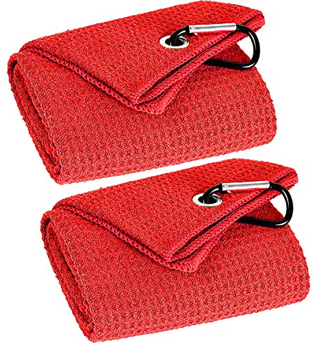 VIVIDLY 2 Pack Tri-fold Golf Towels, Premium Microfiber Fabric Waffle Pattern with Black Heavy Duty Carabiner Clip, Red Golf Towels for Golf Bags for Men (Red)