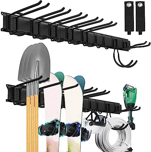 Sinoer Garage Tool Management Wandregal, Garage Wall Management Aufbewahrungsregal mit Haken mit 9 verstellbaren Bügeleisen, Gartengeräten, Stühlen, Besen, Mopps, Rechen