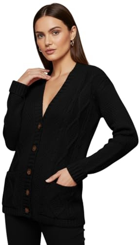LUXFAB Womens Long Sleeve Button Top Cardigan Chunky Aran Cable Knit Grandad Style Sweater Everyday Casual Warm Knitted Ladies Cardigan UK Sizes 8-26 Black