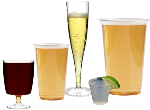AIOS Avenue's - Juego de vasos desechables para fiesta, 180 piezas, pintas (50) refrescos, bebidas largas, media pinta (30), vino (30), champán (20) y chupitos (50)