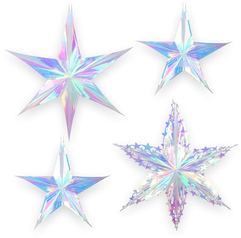 BRAVESHINE 4PCS 3D Iridescent Star Decorations Hanging Ornaments Decorations - Iridescent Foil Stars Snowflakes Party Decorations for Birthday Frozen Winter Mermaid Ocean Sea Christmas New Years Party