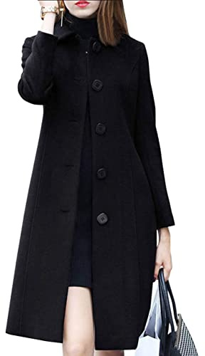 Leyoutx Women's Lapel Single Breasted Mid-Long Classic Solid Color Slim Fit Wool Blend Coat, Black, Large