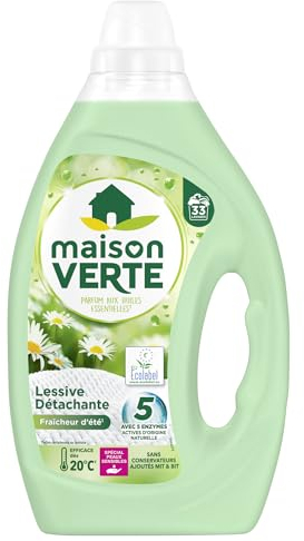 Maison Verte - Lessive Liquide - Parfum Fraîcheur d'Ete - Lessive Détachante - Spécial Peaux Sensibles - Efficace dès 20°C - 5 Enzymes Actives d'Origine Naturelle - Sans Conservateurs - 33 Lavages