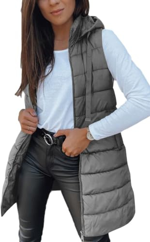 Imily Bela Gilet trapuntato, lungo, leggero, con cappuccio, senza maniche, invernale, caldo, per le mezze stagioni, grigio., L
