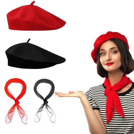 QSZHSL 4 Stück Baskenmütze, Französischen Beret Damen, Beret Damen, Frauen Klassische Der Französische Künstler Baskenmütze Barett, 50er Jahre Damen Kleid Zubehör 1950s Kostüm Set