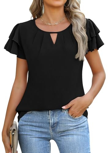 Gleeneat Women Black Dressy Casual Business Work Short Sleeve Dress Blouse