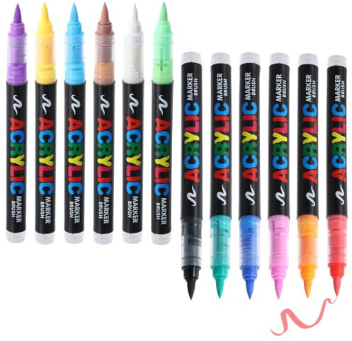 Rotuladores de Pintura Acrílica a Base de Agua, Rotuladores de Pincel Acrílico de 12 Colores, Rotuladores Lettering Punta Fina de 1-6 mm, para Roca, Cristal, Cerámica, Plastico, Tela, Metal