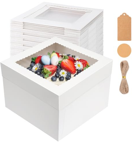 NEOACT 30 Pcs Cake Boxes, 12x12x8 Inch White Bakery Boxes with Window Cake Containers 12 Inch large Cake box for Birthday Party, Wedding,Tall Dessert Cardboard Boxes
