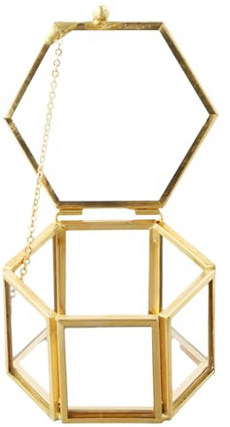 Anseom Scatola di Vetro per Gioielli, Porta Anelli Portagioie in Vetro Dorato Trasparente Scatola di Anelli Geometrica Esagonale Portagioie per Riporre e Esporre Gioielli (Oro)