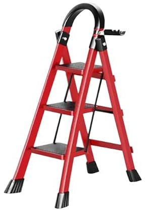 Escabeau 3 Marches, Escabeaux Pliant avec Marchepied Antidérapant et Large, Petit Marche Pied avec Poignée, Escabeaux en Acier Robuste, Léger et Portable-104 x 57 x 41,5 cm - 3 marches (Rouge)