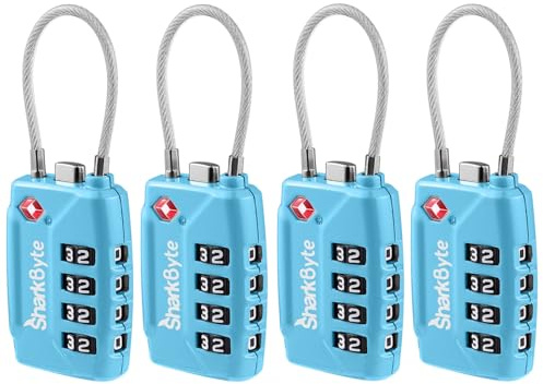 SharkByte TSA Approved Suitcase Locks - 4-Dial Security Travel Combination Padlock, Flexible Cable Wire Travel Lock for Suitcases, Luggage locks, Case Travel Bag Gym Locker Code Small PadLock (4 Pack)