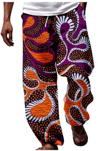 Generisch Jogging Bottoms Men's Casual Trousers African Dashiki Traditional Style Casual Trousers Summer Hawaiian Holiday Ankara Beach Floral Trousers, purple, M