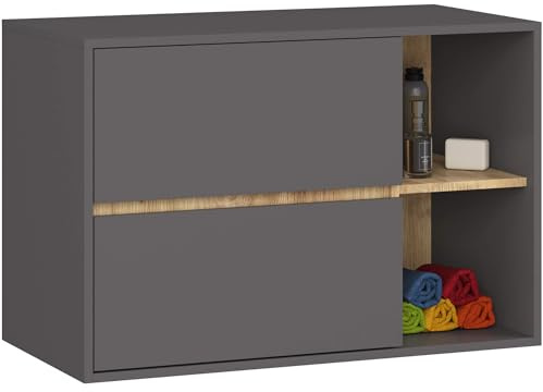 AKORD Mobile Bagno Sospeso con Lavabo - Mobile Lavabo Bagno 90 cm, 2 Cassetti - Moderno, Versatile - Per Montaggio a Parete - Vani Aperti - 90x60x45,5 cm - Grigio Grafite & Rovere Artisan
