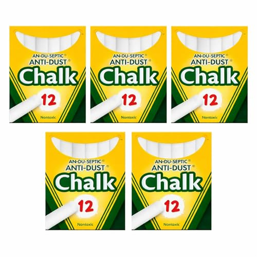 BURAKH Nontoxic White Chalk for Kids, Anti-Dust School Chalk Sticks – 12 Pieces per Box, Pack of 5, Safe for Classroom & Home Use (White, Pack of 5)