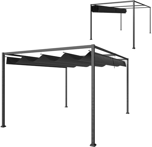 Outsunny Gazebo Pergola 3x2 m con Tettuccio Retrattile, Fori di Drenaggio, Picchetti e Viti, Pergolato da Giardino in Poliestere e Metallo, per Patio, Terrazzo, Esterno, Nero
