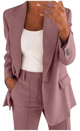 Women's 2 Piece Formal Jacket Wide-Leg Trouser Suit Formal Blazer Outfits Long Sleeve Jacket Trouser Suit One Button Slim Fit Blazer Pants Set for Office, Business Pink