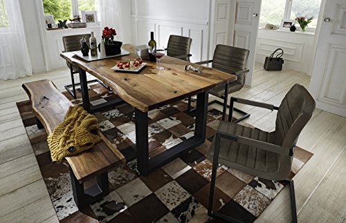 SAM® 6 TLG. Essgruppe Quentin, je 1x Baumkantentisch 140x80cm & -Bank 140x40 cm, Akazie-Holz, 4X Schwingstuhl Parzivo in anthrazit