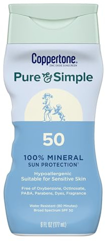 Coppertone Pure and Simple Zinc Oxide Mineral Sunscreen Lotion SPF 50, Water Resistant Sunscreen for Sensitive Skin, Hypoallergenic and Fragrance Free, 6 Fl Oz Bottle