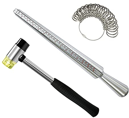 DHSDONLINE Ringmaß mit Gummihammer, Juweliere, Fingergrößenmesswerkzeug, EU-Größen 41-76, Stahlringdorn Schmuckherstellungs-Set für Damen und Herren