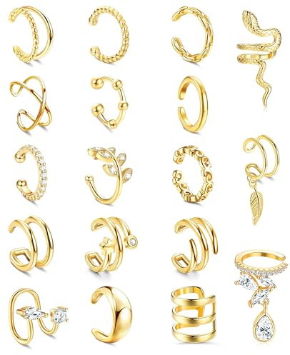 HAIAISO 18 Pcs Ear Cuff Earrings for Women 14K Gold Plated Ear Cuffs Non Piercing Adjustable Ear Cuff Earring Clip On Cartilage Helix Wrap Ear Jewelry Sets