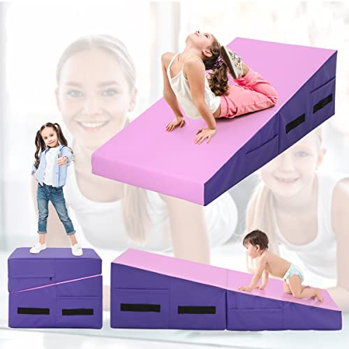 BLKMTY Incline Gymnastics Mat Gym Fitness Tumbling Mats 48x24 Gymnastics Cheese Wedge Mat for Kids Folding Exercise Yoga Mats for Kids Play Home Aerobics, Pink