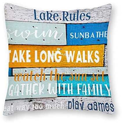 by Unbranded Cotton Pillow Cases for Home Decor Farmhouse Pillow Cover 22x22 for Baby Boys Girls Kids Room,Lake Rules Wood Grain Stitching Pattern with English Words Pillow Cover Birthday Gift