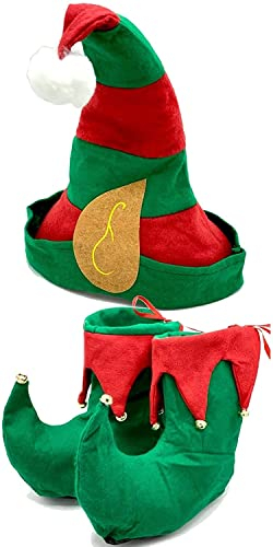 Edozos Adult Christmas Elf Costume Set - Santa's Helper Hat with Ears & Jingle Bell Shoes | Unisex Xmas Party, Secret Santa, Holiday Cosplay Accessories for Men & Women