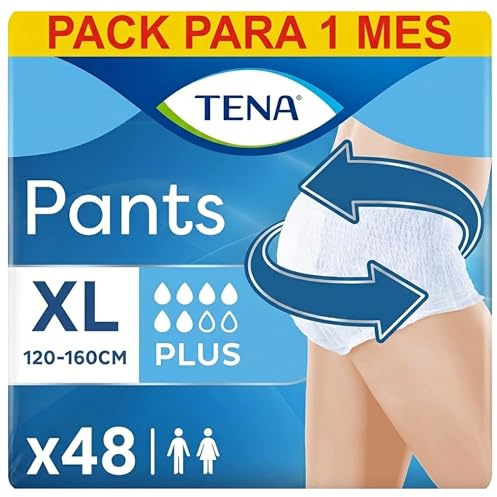 TENA Pants Plus, 48 pairs, Unisex Incontinence Pants (4 x 12 packs) for Women and Men with Heavy Bladder Weakness, Designed for Everyday Life with Triple Protection and Dual Absorption Zones, Size XL