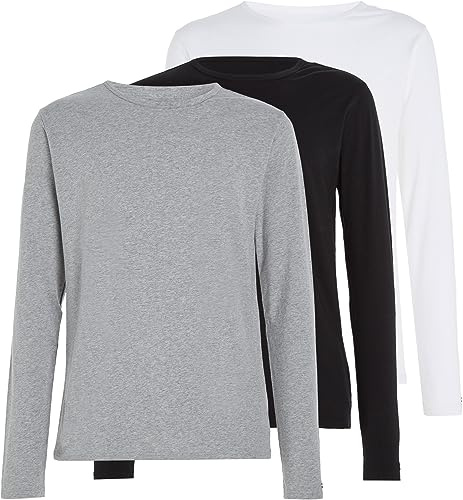 Tommy Hilfiger Men’s 3 Pack Basic Long Sleeve Tops, Multicolor (Black/White/Grey Heather), L