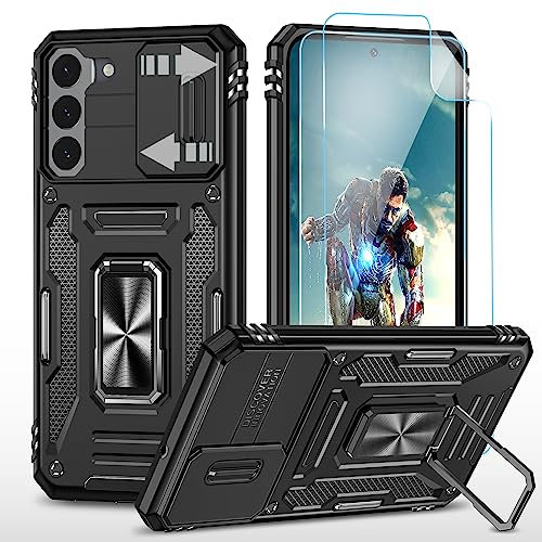 YmhxcY For Samsung Galaxy S22 Case, With 2*PET Screen Protector, With Slide Camera Cover，Military Grade Protective Case,360° Rotate Metal Stand For Samsung Galaxy S22 6.1''-Black