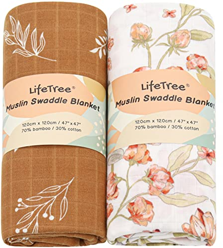 LifeTree 2 Pack Copertine in Mussola di Cotone Bambù, 120x120cm Neonati Multiuso, il Panno è Asciugamani, Swaddle, Telo Allattamento | Copertura per Passeggino Fiori/Foglie