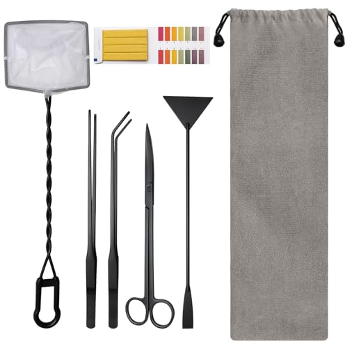 Coolrunner 6 in 1 Aquatic Plant Aquascaping Tool Stainless Steel Tweezers Scissors Spatula for Fish Tank Clean Aquascape Tools Sets with Fishing net, 80p PH Paper(Black)