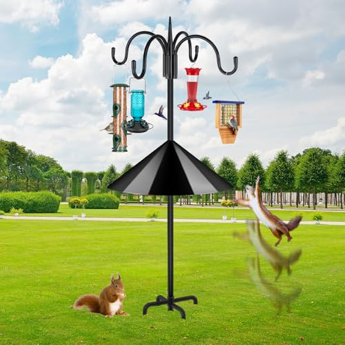 FEED GARDEN 4-Hook Squirrel-Proof Bird Feeder Pole - 92 Heavy-Duty Shepherd's Hook with 5-Prong Base & 19 Baffle for Multiple Feeders & Plants