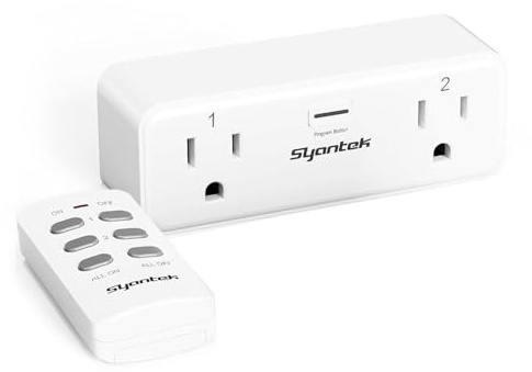 Syantek Remote Control Outlet with 2 Independent Control Sockets, Wireless Remote Light Switch Set, Remote Outlet Plug Up to 100 FT Range, 15A/1875W, White (1 Outlet + 1 Remote)