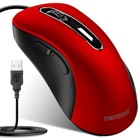 memzuoix Maus mit Kabel – Optische USB-Maus mit 1400 DPI, 5 Tasten, ergonomisches Design, 1,5 m Kabel – Für PC, Laptop, Mac – Granatrot