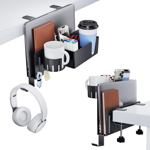 KDD 7-in-1 Schreibtisch-Seitenaufbewahrung, Untertisch Laptop Halterung Aufbewahrung, Kein Bohren Laptop-Halterung mit 2 Becherhalter, Stifthalter, Kopfhörer Hanger und 2 Nadelmagnete