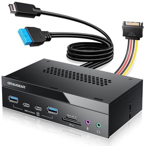 GRAUGEAR Frontpanel mit SD Kartenleser in 5,25 Zoll für PC Gehäuse [inkl. 8 Anschlüsse] 4-Port HUB 10Gbps für USB C Stick I Front PC Case I Micro SD Karte | SD Card I Audio I/O I Mikrofon I Kopfhörer
