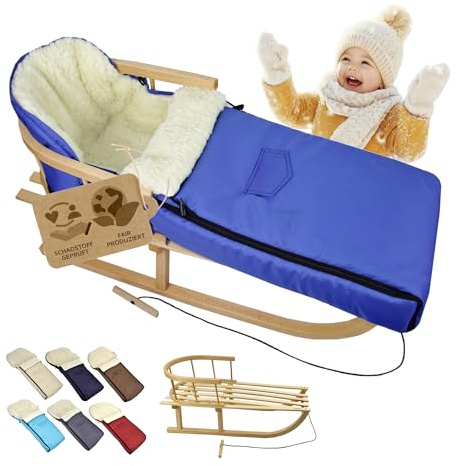 Kombi-erbjudande [träsläde universell vinteråkpåse 108 cm] kälke med ryggstöd och dragrep, fotsäck, lämplig för babystol, barnvagn, buggy med lammull (blå (108 cm))